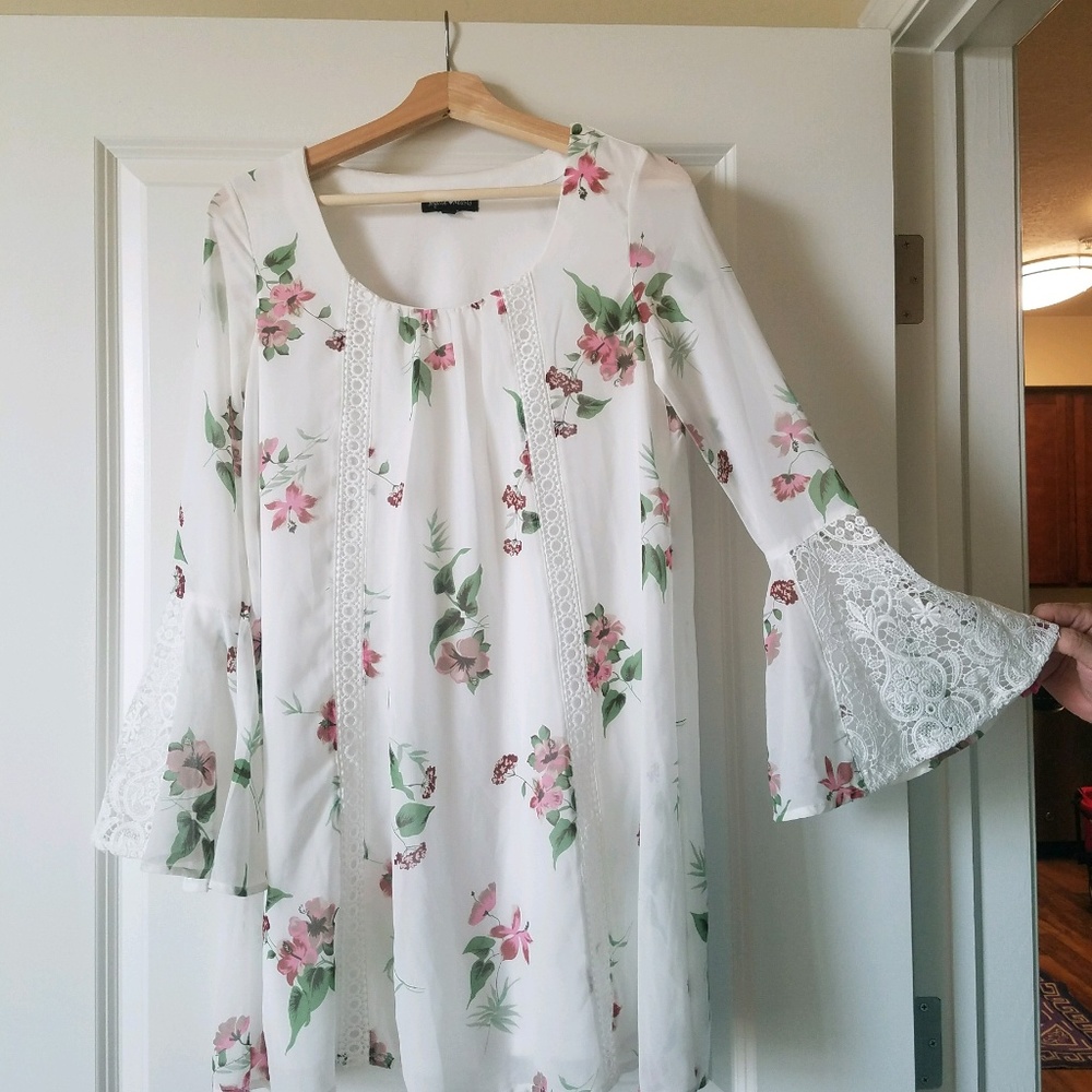White flowy blouse with pink flowers